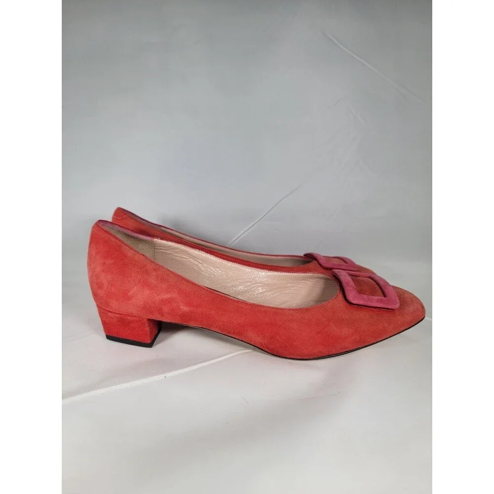 Voltan Red Suede Low Heels Buckle Leather Sole Women's Size 39.5 EU 9.5 US